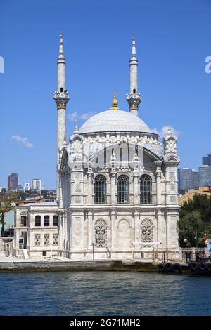 Besiktas,IstanbulTurkey - 11082020 : View of the Great Mecidiye Mosque from the sea. Stock Photo