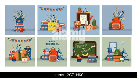 Back to school. Big vector set. Stationery for school, university and office. Cartoon school supplies. A set of colored icons. Flat illustrations for Stock Vector