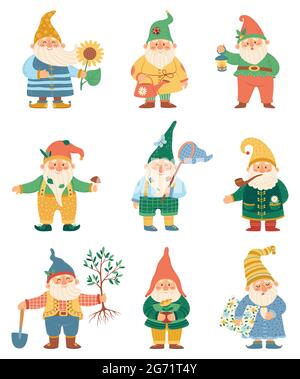 Cute gnome. Happy garden gnomes with watering can, shovel, flower. Fairytale dwarfs in hats. Flat cartoon fantasy elf dwarf character vector set with lantern and plants isolated on white Stock Vector