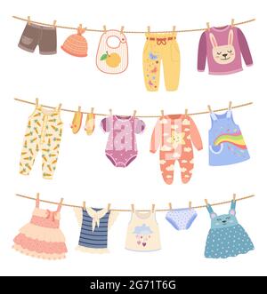 Kids clothes on ropes with clothespin. Cute child dress, shirts, pants. Children clothing hanging on rope, drying baby laundry vector set. Accessories and outfit for toddlers and infants Stock Vector