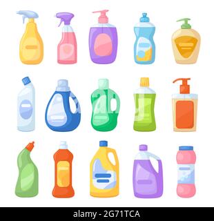 Cartoon detergent bottle. Cleaner, bleach, disinfectants, antiseptic, liquid soap. Spray detergents products for home cleaning vector set. Chemicals in plastic packages, hygiene concept Stock Vector
