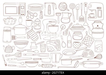 Doodle kitchenware. Hand drawn cooking and baking equipment pot, spoon, whisk, microwave, knives. Tableware, kitchen utensil doodles vector set. Tools and appliances for household chores Stock Vector