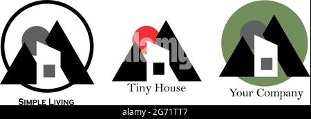 Tiny house with black mountain silhouettes and sun. Vector illustration logo of minimalist home in nature. Real estate, immo Stock Vector