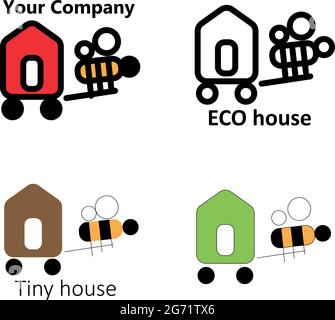 Tiny house company logo with bee. Small bee carries litte tiny eco house. Real Estate. Flat vector company illustration logo, icon. Insect hotel Stock Vector