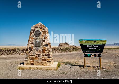 Monument at Black Rock Station, Pony Express Trail, Back Country Byway, Great Basin, Utah, USA Stock Photo