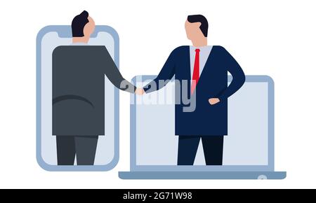 mutual assistance agreement deal via online communication gadget smartphone laptop two businessman handshake Stock Vector