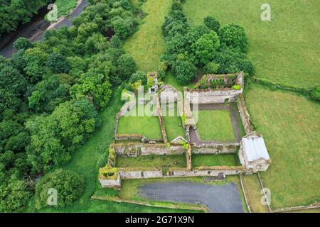Aerial view of Bridgetown Abbey, a 13th-century Augustinian monastery of the Canons Regular of St. Victor in Castletownroche, County Cork, Ireland Stock Photo