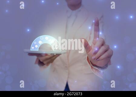 Lady In Uniform Holding Pen Phone With Futuristic Virtual Interface. Business Woman Using Pencil And Mobile Device Interacting With Holographic Stock Photo