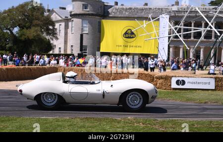 Goodwood House, Chichester, UK. 9th July, 2021. Goodwood Festival of Speed; Day Two; Gary Pearson competes in the hill climb in his Jaguar D Type in front of the Lotus Aeroad sculpture and Goodwood House Credit: Action Plus Sports/Alamy Live News Stock Photo