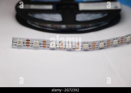 WS2812B Led strip also called as addressable RGB led strip which means individual led can be controlled with the help of micro controller on white Stock Photo