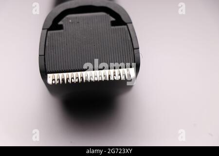 Close-up of beard trimmer blades on white background Stock Photo