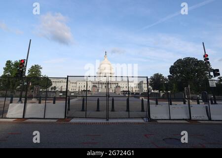 Washington DC, USA. 10th July, 2021. Forklift seen early morning in preparation of fence removal at the Capitol Building in Washington, DC on July 10, 2021. Credit: Mpi34/Media Punch/Alamy Live News Stock Photo
