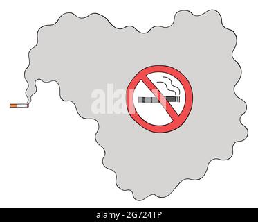 Cartoon smoking cigarette in a no smoking place, vector illustration. Colored and black outlines. Stock Vector