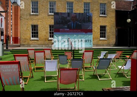 Uxbridge, London Borough of Hillingdon, 9th July, 2021. A big tv screen at the Chimes Shopping Centre in Uxbridge awaits football fans on Sunday when the UEFA Euro 2020 final takes place between England and Italy. Credit: Maureen McLean/Alamy Stock Photo