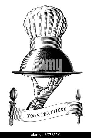 Hand holding food tray with chef hat drawing vintage engraving style black and white clip art isolated on white background Stock Vector