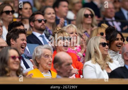 Jordan Frieda, Lulu and Priyanka Chopra Jones in the Royal Boxon day twelve of Wimbledon at The All England Lawn Tennis and Croquet Club, Wimbledon. Picture date: Saturday July 10, 2021. Stock Photo