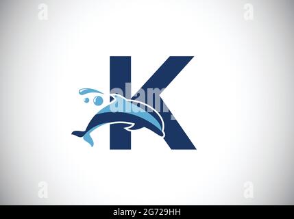 Initial K monogram letter alphabet with a Dolphin logo design. Water Animal icon. Font emblem. Modern vector logotype for business identity. Stock Vector