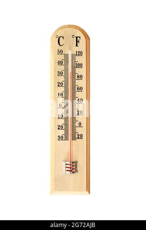 Thermometer showing high summer temperature isolated on white background Stock Photo