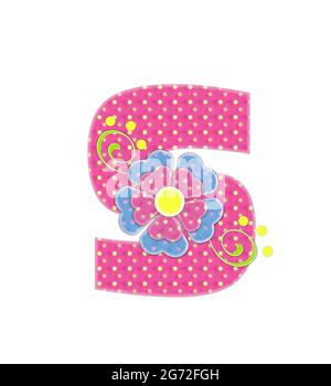 The Letter T, In The Alphabet Set Heartfull, Is Pink Outlined With White.  Polka Dots And Hearts Decorate Letter With A Line Of Pink Flowers At The  Bottom. Stock Photo, Picture and