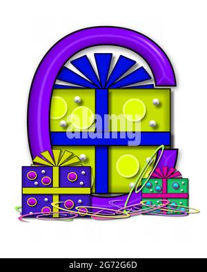 The letter C, in the alphabet set Boxes and Bows, is 3D purple and surrounded by gift boxes.  Colored streamers cover base of letter and boxes. Stock Photo