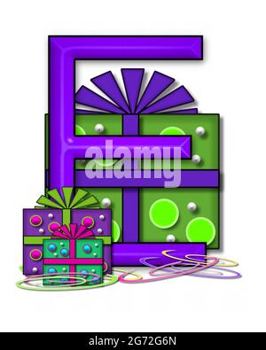 The letter E, in the alphabet set Boxes and Bows, is 3D purple and surrounded by gift boxes.  Colored streamers cover base of letter and boxes. Stock Photo