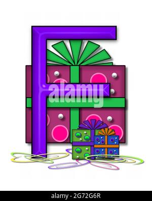 The letter F, in the alphabet set Boxes and Bows, is 3D purple and surrounded by gift boxes.  Colored streamers cover base of letter and boxes. Stock Photo