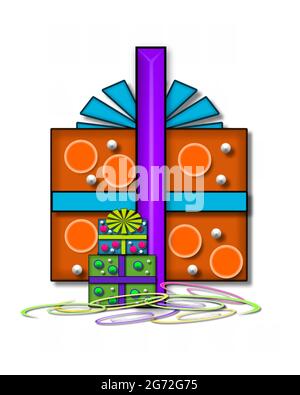 The letter I, in the alphabet set Boxes and Bows, is 3D purple and surrounded by gift boxes.  Colored streamers cover base of letter and boxes. Stock Photo