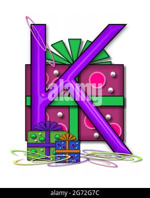 The letter K, in the alphabet set Boxes and Bows, is 3D purple and surrounded by gift boxes.  Colored streamers cover base of letter and boxes. Stock Photo