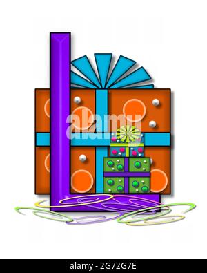 The letter L, in the alphabet set Boxes and Bows, is 3D purple and surrounded by gift boxes.  Colored streamers cover base of letter and boxes. Stock Photo