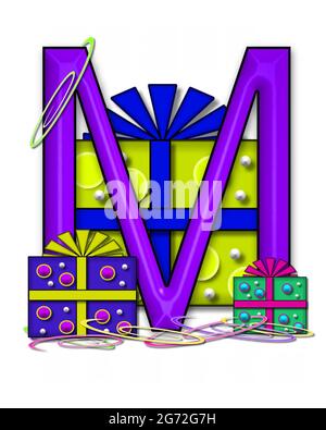 The letter M, in the alphabet set Boxes and Bows, is 3D purple and surrounded by gift boxes.  Colored streamers cover base of letter and boxes. Stock Photo