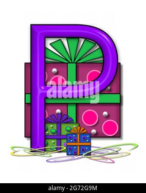 The letter P, in the alphabet set Boxes and Bows, is 3D purple and surrounded by gift boxes.  Colored streamers cover base of letter and boxes. Stock Photo