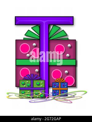 The letter T, in the alphabet set Boxes and Bows, is 3D purple and surrounded by gift boxes.  Colored streamers cover base of letter and boxes. Stock Photo