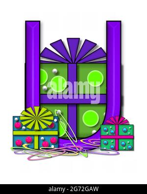 The letter U, in the alphabet set Boxes and Bows, is 3D purple and surrounded by gift boxes.  Colored streamers cover base of letter and boxes. Stock Photo