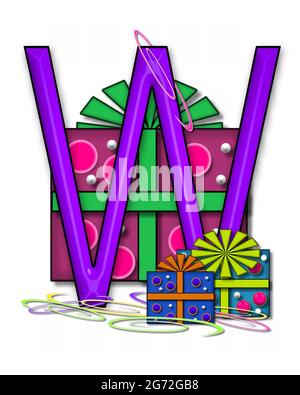 The letter W, in the alphabet set Boxes and Bows, is 3D purple and surrounded by gift boxes.  Colored streamers cover base of letter and boxes. Stock Photo