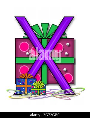 The letter X, in the alphabet set Boxes and Bows, is 3D purple and surrounded by gift boxes.  Colored streamers cover base of letter and boxes. Stock Photo