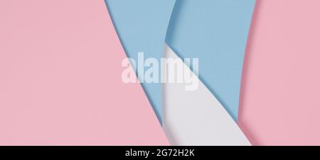 Abstract geometric pastel colors paper texture banner background with light blue, pink and white color shapes and curved lines Stock Photo