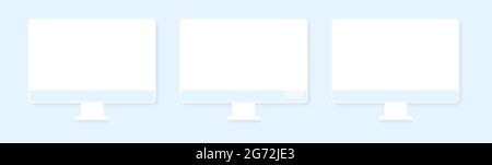 Realistic Three Desktop PC Vector Mockup. Trendy Desktop PC Template with Blank Screen for Design App Stock Vector
