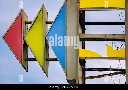 Palmer’s Hillcrest Motel sign has lost most of its letters, July 4, 2021, in Irvington, Alabama. The hotel opened in 1982 but is now closed. Stock Photo
