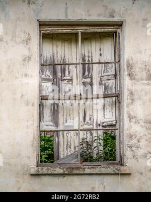 Old window, no glass, broken wooden shutters in dirty, neglected white wall. Stock Photo