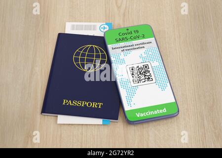 Mobile phone with covid 19 vaccination certificate, passport with plane ticket. 3d illustration Stock Photo