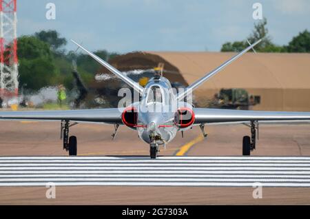 EADS sponsored Fouga Magister jet plane F-AZZP arriving for display at Royal International Air Tattoo, RAF Fairford, 2012. Restored CM-170 classic jet Stock Photo