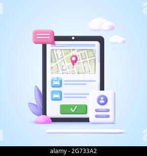 Concept of online car sharing service, ordering taxi car, rent.  Smartphone app. Phone with location mark and smart car. 3d realistic vector illustrat Stock Vector