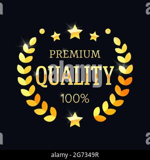 Premium quality golden label with a laurel wreath. Vector illustration eps 10. Premium quality logo Stock Vector