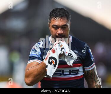 Wakefield, England - 9 July 2021 - Injured Wakefield Trinity's Tinirau Arona during the Rugby League Betfred Super League Wakefield Trinity vs St. Helens at Mobile Rocket Stadium, Wakefield, UK  Dean Williams/Alamy Live Stock Photo