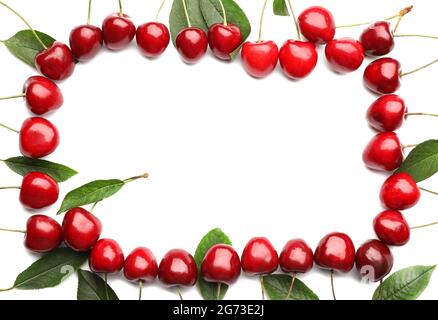 Frame made of tasty ripe cherries on white background Stock Photo