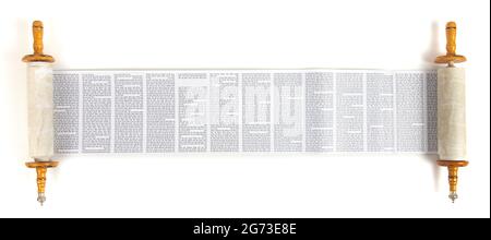 Torah Scroll Rolled Out and Isolated on a White Background Stock Photo