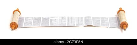 Torah Scroll Rolled Out and Isolated on a White Background Stock Photo