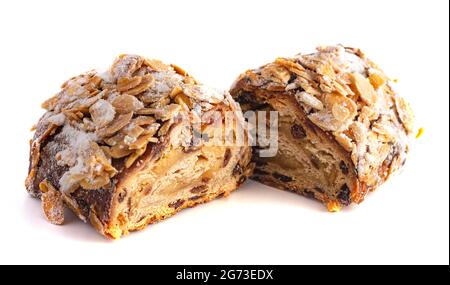 Traditional Stollen with Fruit and Almond Paste topped with Almonds Stock Photo