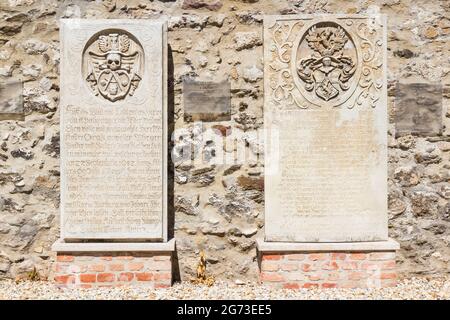 17th century evangelical tombstones on display in garden of Lenck-villa, Sopron, Hungary Stock Photo