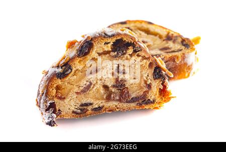 Traditional Stollen with Fruit and Almond Paste topped with Almonds Stock Photo